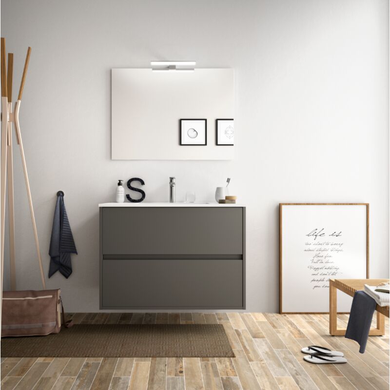 

Mueble de baño suspendido 80 cm Gris Mate con lavabo de porcelana | Standard