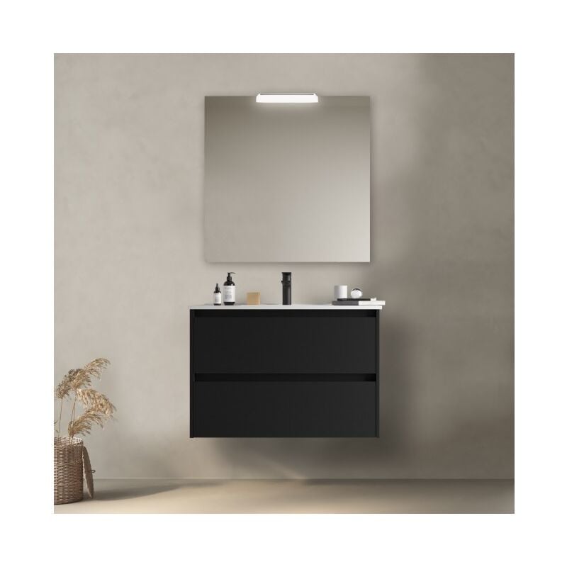 

Mueble de baño suspendido 80 cm Roble Caledonia con lavabo de porcelana | Con espejo y lámpara LED