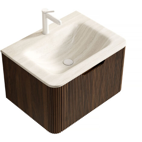 Mobile Bagno 60x46x37.5 cm, con Lavabo Sottopiano, Preassemblato, Piano Pietra Travertino, Cassetto, Noce