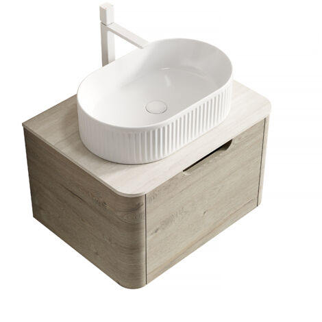 Mobile Bagno 60x46x50.2 cm, con Lavabo Ovale Bianco su Piano Pietra, Bordi Curvi e Cassetto, Preassemblato, Ceramica, Naturale