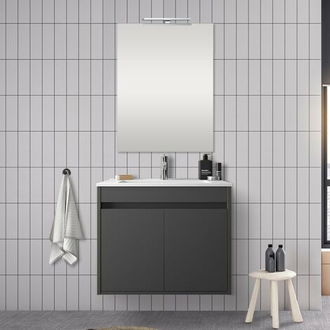 Mobile sottolavabo Dmele, Mobiletto per bagno a 2 ante, Armadietto sospeso  con ripiano e specchio, lavabo non incluso, 80x45h64 cm, Quercia