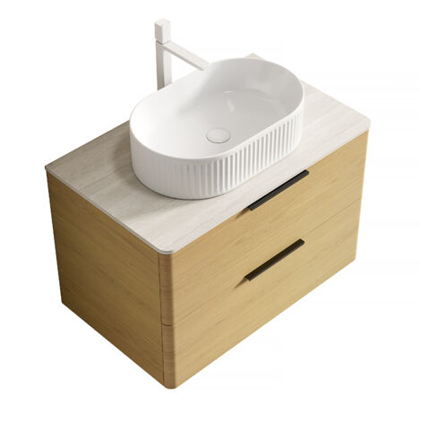 Mobile Bagno 75x46x62.2 cm, con Lavabo Bianco e Piano Travertino, Preassemblato, 2 Cassetti, Finitura Rovere, Ceramica, Naturale