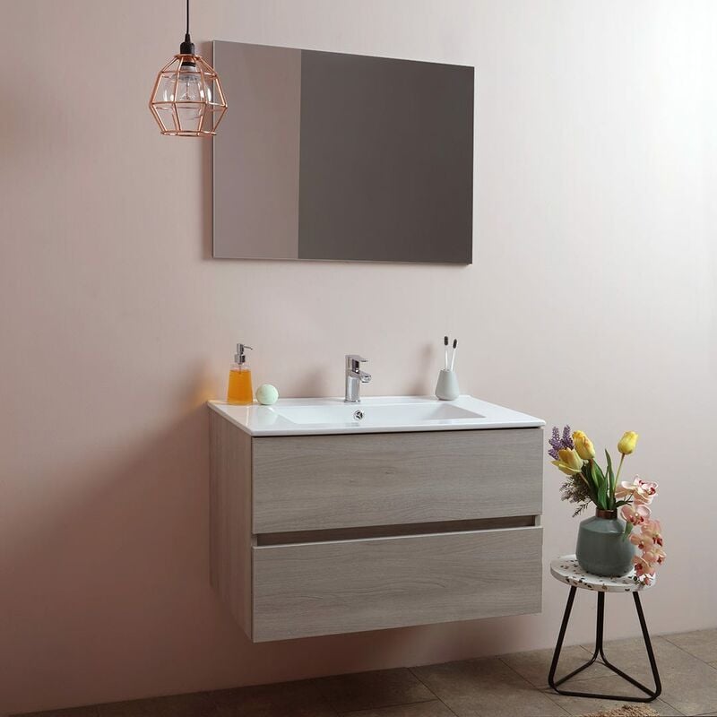 Kiamami Valentina - Mobile Bagno 80 Cm Con Cassetti Olmo Leone Lavabo In Ceramica Berlin