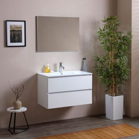 MOBILE BAGNO 80 CM CON DUE CASSETTI BIANCO, LAVABO IN CERAMICA  BERLIN