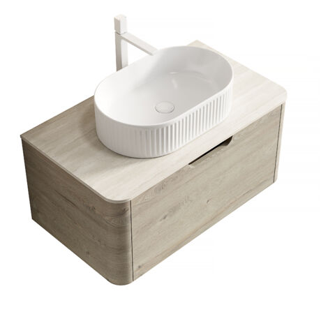Mobile Bagno 80x46x50.2 cm, con Lavabo Bianco e Piano Travertino, Preassemblato, Cassetto, Finitura Rovere, Ceramica, Naturale
