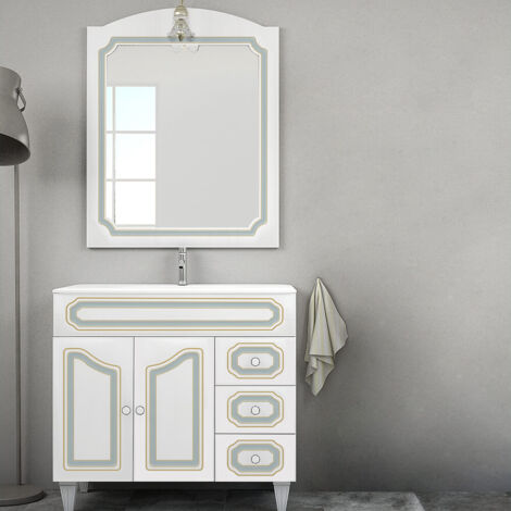 Mobile bagno 90 cm classico a terra in finitura Decapè Firenze  con specchio lavorazione a rilievo e colonna da 182 cm