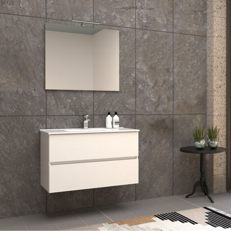 Mobile bagno 90 cm sospeso bianco lucido a doppio cassetto Roxy  senza specchio e senza colonna