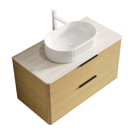 Mobile Bagno 90x46x62.2 cm, con Lavabo Bianco e Piano Travertino, Preassemblato, 2 Cassetti, Finitura Rovere, Ceramica, Naturale
