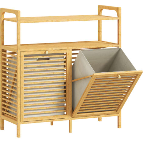 Mobile Bagno a Doghe con Cesti Portabiancheria 82x33x88 cm Capienza 41L in Bambù e Poliestere Crema