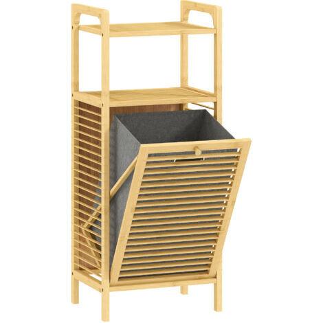Mobile Bagno a Doghe con Cesto Portabiancheria 40x30x95 cm Apertura a Ribalta in Bambù e Poliestere Grigio e Legno