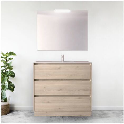 Mobile bagno a terra 100 cm 3 cassetti in legno naturale con lavabo ad incasso - Nova - Standard