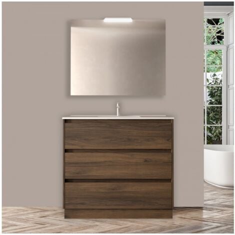 Mobile bagno a terra 100 cm 3 cassetti in legno noce maya con lavabo ad incasso - Nova - 100 cm Standard