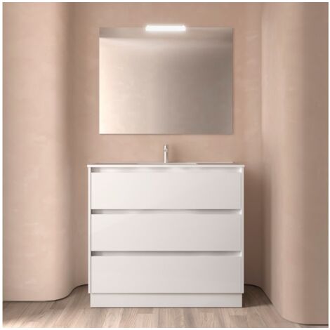 Mobile Lavabo Bagno A Terra.Mobile Bagno A Terra 100 Cm In Legno Laccato Bianco Lucido Con Lavabo In Porcellana Standard Sa27398