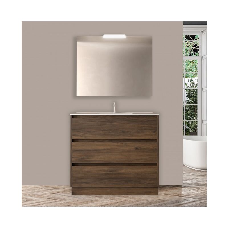 Mobile bagno a terra in legno noce maya 100 cm con lavabo in porcellana - Nova - 100 cm Standard