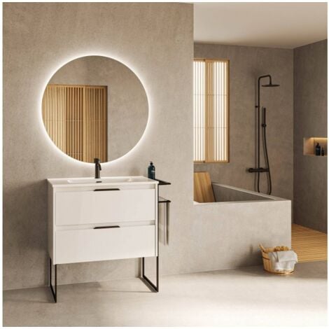 Mobile bagno a terra 60 cm bianco lucido con lavabo in porcellana e  specchio - Libras