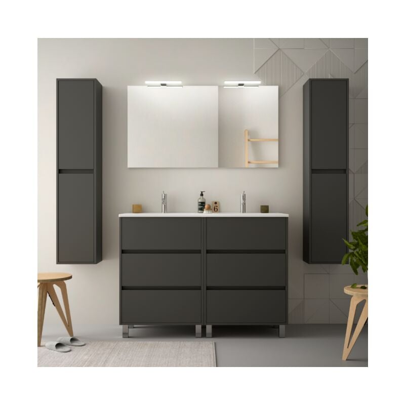 Mobile Bagno A Terra Con Doppio Lavabo.Mobile Bagno A Terra 120 Cm In Legno Grigio Opaco Con Lavabo In Porcellana Con Specchio Doppia Colonna E Doppia Lampada Led Sa27412c