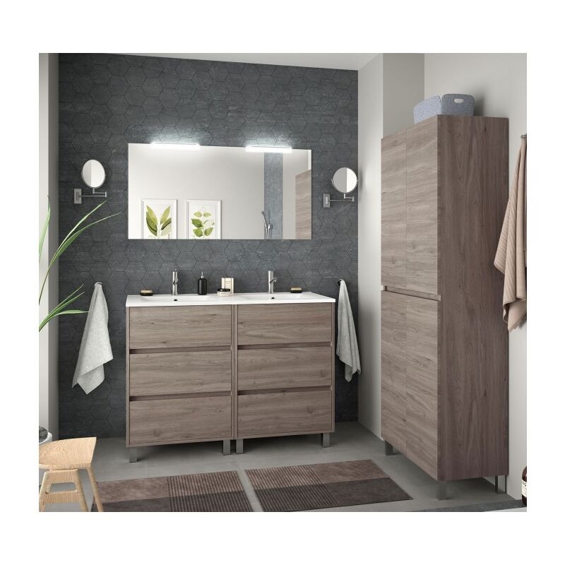 Mobile bagno a terra 120 cm in legno rovere eternity con lavabo in porcellana - Amalfi - 120 cm Con doppio specchio e LED