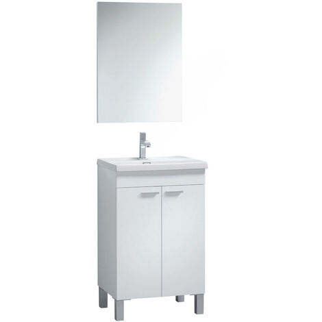 Lavandino Bagno 50 Cm.Mobile Bagno A Terra 50 Cm Bianco Lucido Con Specchio Bianco Lucido Standard Lavabo Non Incluso 8435318100678