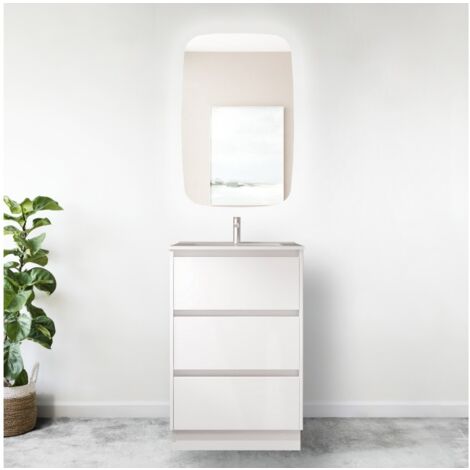 Mobile bagno a terra 60 cm 3 cassetti in legno bianco lucido con lavabo ad incasso - Nova - Standard