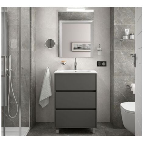 Mobile bagno a terra 60 cm 3 cassetti in legno grigio opaco con lavabo ad incasso - Amalfi - Standard