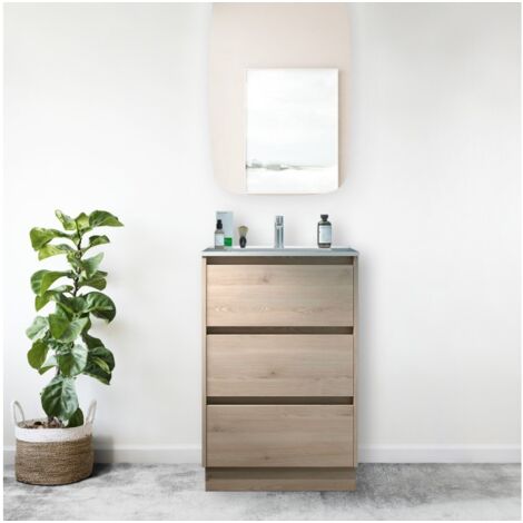 Mobile bagno a terra 60 cm 3 cassetti in legno naturale con lavabo ad incasso - Nova - Standard
