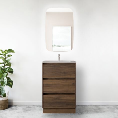 Mobile bagno a terra 60 cm 3 cassetti in legno noce maya con lavabo ad incasso - Nova - Con colonna specchio e lampada LED