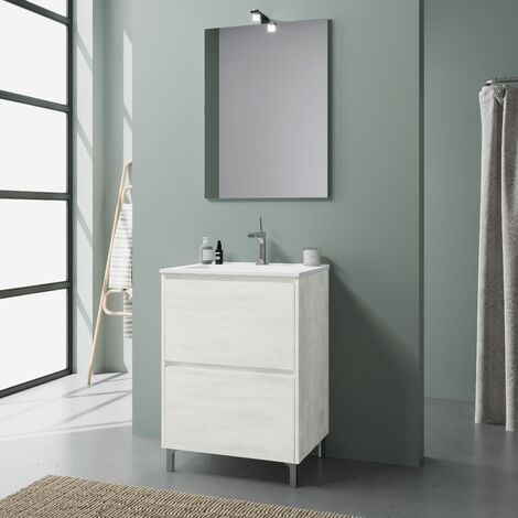 Mobile bagno a terra 60 cm bianco con frontale rovere bianco, lavabo e specchio Laguna