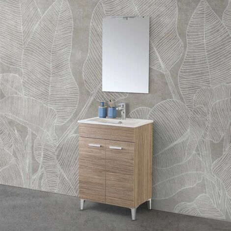 Mobile bagno a terra 60 cm rovere tropea con 2 ante lavabo e specchio Martha