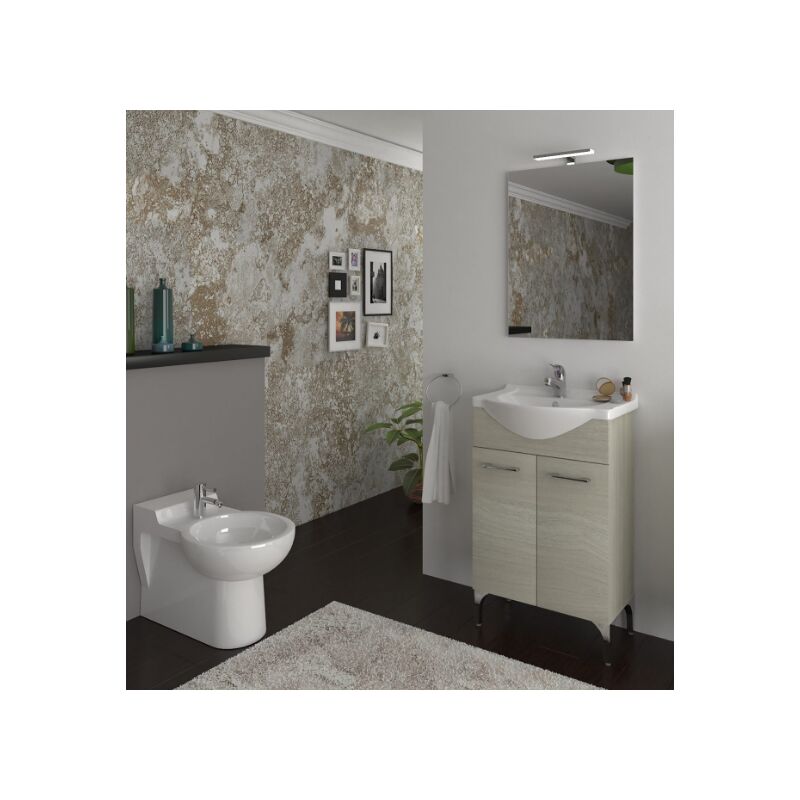 Mobile bagno 65 cm a terra in legno grigio con lavabo in ceramica e specchio led - Odense