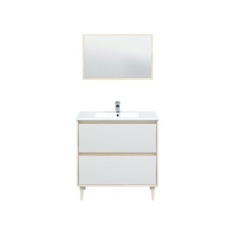 Mobile bagno a terra 80 cm 2 cassetti rovere chiaro e bianco lucido con specchio e lavabo ad incasso - California - Standard