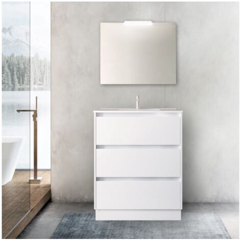 Mobile bagno a terra 80 cm 3 cassetti bianco lucido con lavabo ad incasso - Nova - Standard