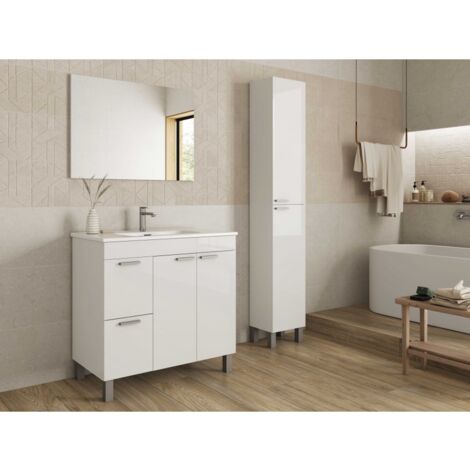 Mobile bagno a terra 80 cm bianco lucido con specchio - Foggia - Bianco lucido Con Doppia Colonna e Lampada Led