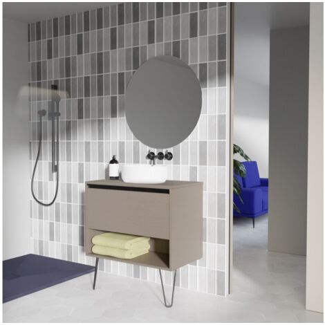 Mobile bagno a terra 80 cm  fumè sabbiato con lavabo da appoggio - Cambridge - Fumé 80 cm Con specchio e lampada LED - Misura: 80 cm - Colore: Fumé - Accessorio: Standard