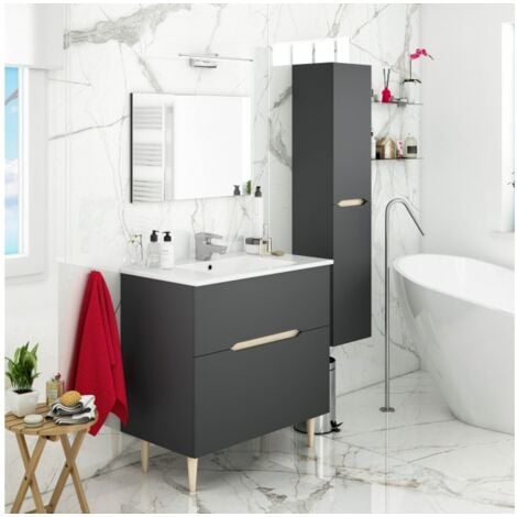 Mobile bagno a terra 80 cm grigio antracite e rovere chiaro con specchio e lavabo in ceramica - Arles - Standard