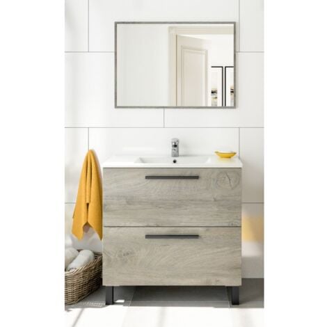 Mobile Bagno A Terra Con Lavabo 80 Cm.Mobile Bagno A Terra 80 Cm Rovere Con Lavabo E Specchio Rovere Chiaro Standard Fo305422c