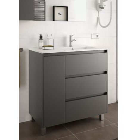 Mobile bagno a terra 85 cm 3 cassetti e 1 anta in legno nero satinato con lavabo ad incasso - Nova - Con colonna specchio e lampada LED