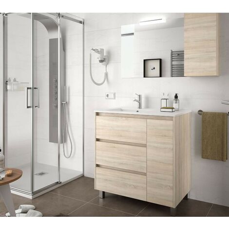 Mobile bagno a terra 85 cm noce con lavabo specchio e lampada Romantica