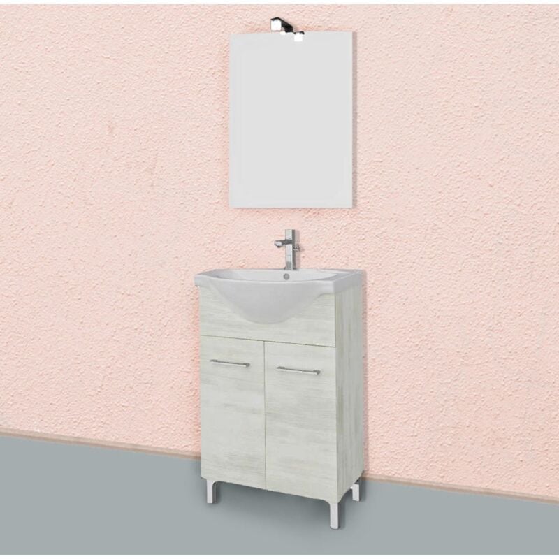 Mobile Bagno a Terra Da 55Cm Rovere Bianco Con Lavabo In Ceramica Rimini