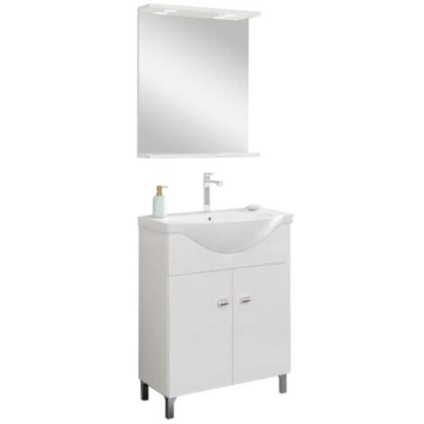 Mobile Bagno A Terra da 65 cm linea Smart Bianco Lucido Completo di Lavabo, Specchiera con Mensola e Illuminazione Led