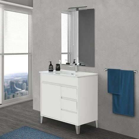 Mobile bagno a terra 80 cm Bianco lucido e Olmo con Lavabo a ciotola -  Caesaroo