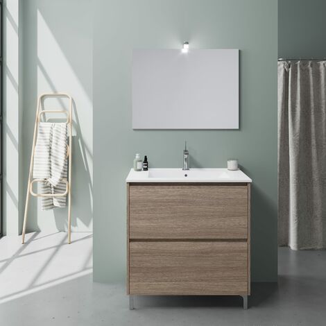 Mobile bagno a terra da 80cm bianco con lavabo e cassetti rovere Laguna