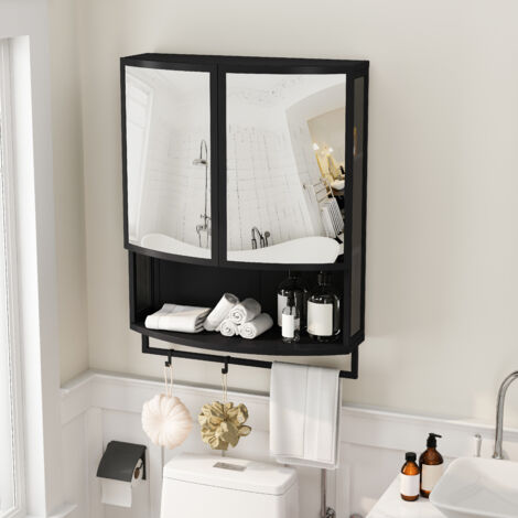 Mobile bagno ad Arco 60x22.5x80 cm, con Ante in Vetro e Specchio Infrangibile, 2 Spazio Archiviazione, Ferro, Nero, per Bagno
