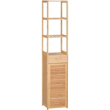 MOBILE BAGNO ALTO IN BAMBÙ CON 3 RIPIANI APERTI, UN CASSETTO E UN ARMADIETTO, 32X30X163 CM, COLOR LEGNO