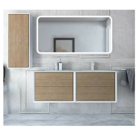 Mobile Bagno Bellagio140 cm SospesoRovere Tabacco Base 4 cassetti - Lavabo doppia vasca in Resina