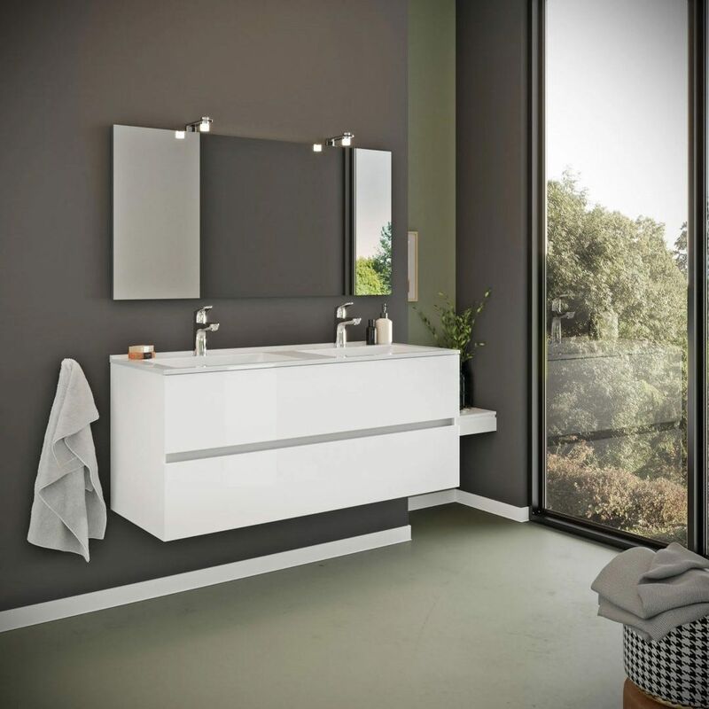 Kiamami Valentina - Mobile Bagno Bianco Lucido 120Cm, Cassetti e Doppio Lavabo Benaco