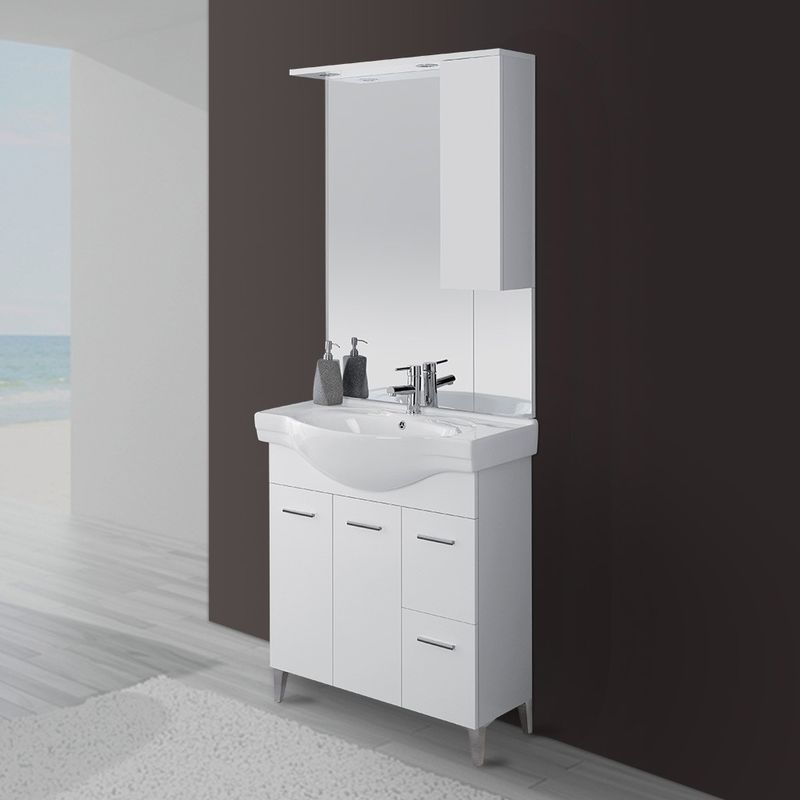 Arredo Bagno Mobiletto Bagno Mondo Convenienza.Mobile Bagno Bianco Lucido L 82 5 Cm Con Due Ante Due Cassetti E Specchiera Con Pensile E Luci 799003