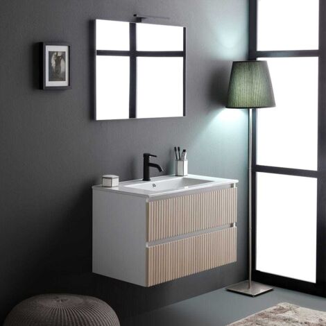 Mobile Bagno Cannettato 80Cm Bianco E Rovere Con  Specchio 80X60 Bilbao