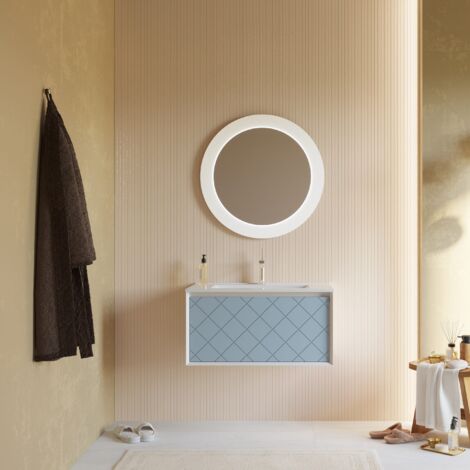 Mobile Bagno Celeste Opaco 80Cm Con Lavabo E Specchio Tondo 75Cm  Miami
