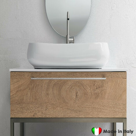 Mobile Bagno COMPAB da 96 cm - Made in Italy - Color Legno Naturale - Lavabo In Ceramica e Piano In Mineralguss