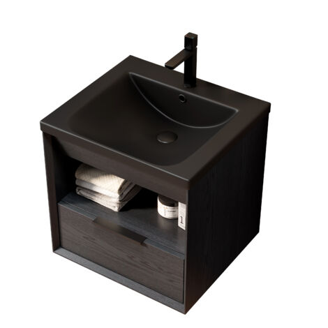 Mobile Bagno Compatto e Sicuro 51x47x51.5 cm, Preassemblato, con Lavabo Sottopiano, Cassetto e Bordo Smussato, Nero